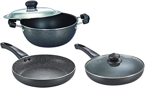 Prestige Omega Select Plus Aluminium Non-Stick Flat Base Kadhai with Lid, 25 cm&Prestige Aluminium Omega Deluxe Granite Fry Pan, 24 cm&Prestige Aluminium Omega Deluxe Granite Fry Pan with Lid, 26 cm