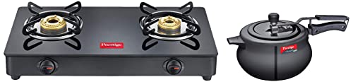 Prestige IRIS LPG Gas Stove, 2 Burner, Black, Powder coater Mild Steel with Glass Top, Manual & Svachh Nakshatra Plus Hard Anodised 5 Litre Pressure Handi