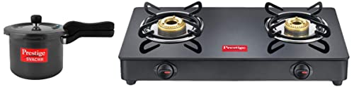 Prestige IRIS LPG Gas Stove, 2 Burner, Black, Powder coater Mild Steel with Glass Top, Manual & Prestige Svachh 3 Litre Aluminium Pressure Cooker with Hard Anodized Body (Black)