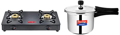 Prestige IRIS LPG Gas Stove, 2 Burner, Black, Powder coater Mild Steel with Glass Top, Manual & Prestige Popular Stainless Steel Outer Lid Pressure Cooker, 3 Litres, Silver