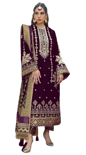Saraswati Fashion Pure Velvet Sequence Embriodered Velvet Pakistani Suit For Women & Girls (Purple)