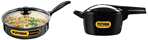 Hawkins Futura Hard Anodised Alumnium Inner Lid Pressure Cooker, 5 Litre (F10) & 3.25 Litre Curry Pan, Non Stick Saute Pan with Glass Lid, Deep Pan for Frying (NCP325G)