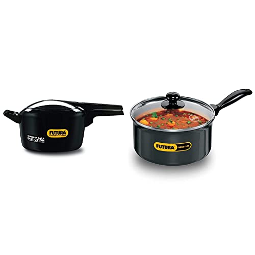 Hawkins - If50 Futura Hard Anodised Induction Compatible Pressure Cooker, 5 Litre & Hawkins - Q82 Futura Non-Stick Sauce Pan With Glass Lid, 3 Litres