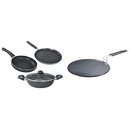 Prestige Omega Deluxe Granite 3 Pcs with 1 Glass Lid Hard Anodised Cookware Induction Base Paratha Tawa, 265mm, Black