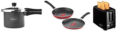 Pigeon Hard Anodised Pressure Cooker Outer Lid with Induction Base 3ltr&Pigeon Nonstick Duo Pack Flat Tawa 250 and Fry Pan 200 Gift Set&Pigeon 2 Slice Auto Pop up Toaster (750W)