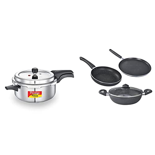 Prestige Svachh, 20255, 5 L, Deep Pressure Pan, with deep lid for Spillage Control + Prestige Omega Deluxe Granite 3 Pcs with 1 Glass Lid