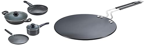 Prestige Hard Anodised Aluminium Plus Cookware, 225mm, Black & Omega Granite Aluminium Kitchen Set, 4-Pieces, Black & Aluminium Omega Select Plus IB Kadai, 240 mm, Multicolour, Medium