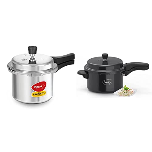 Pigeon by Stovekraft Favourite Outer Lid Non Induction Aluminium Pressure Cooker, 3 Litres, Silver & Pigeon Titanium Hard Anodized Pressure Cooker - 5 Litres - Black