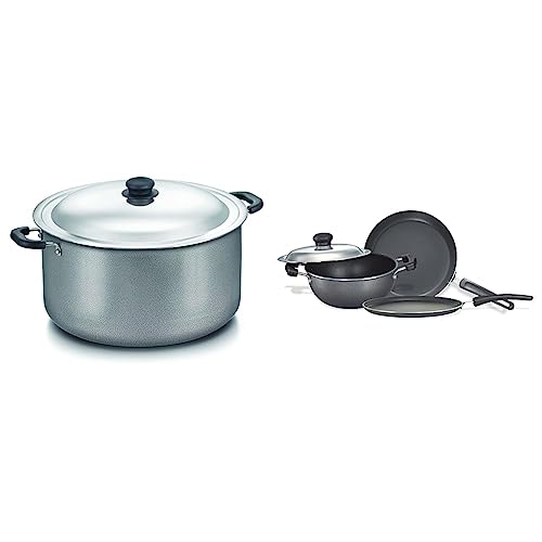 Prestige Omega Select Plus Non-Stick PFOA Free Biryani Pot with Lid, 16 Litre & Prestige Omega Select Plus Residue Free Non-Stick Kitchen Set, 3-Pieces, Black/Silver, Aluminium