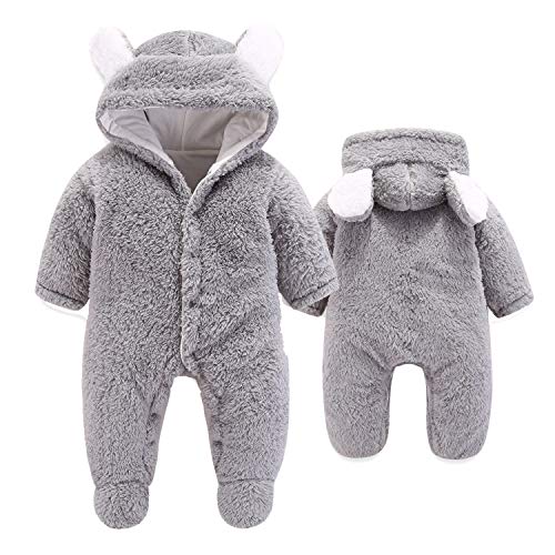 VNVNE Newborn Baby Cartoon Bear Snowsuit Warm Fleece Hooded Romper Jumpsuit (3-6 M, Grey)