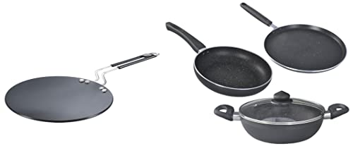 Prestige Omega Deluxe Granite 3 Pcs with 1 Glass Lid & Hard Anodised Plus Cookware Induction Base Roti Tawa, 225mm, Black Combo