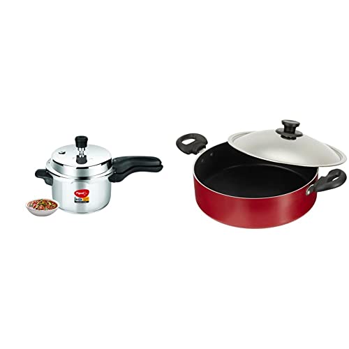 Pigeon by Stovekraft INOX Stainless Steel Pressure Cooker 3L + Non-Stick Biriyani Pot with Lid, 5 litres,Red and Black Combo