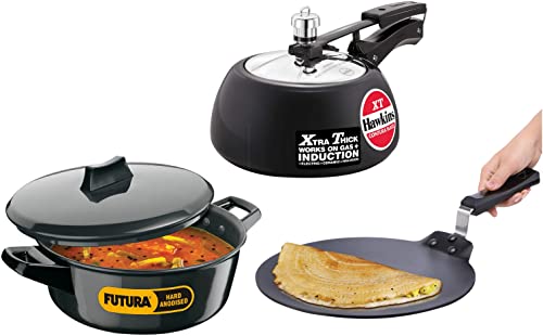 Hawkins Contura Induction Compatible Hard Anodised & Inner Lid Pressure Cooker, 2ltr &Hawkins Futura Nonstick Dosa Tava, 30 cm, 4.88 mm &Hawkins Futura Hard Anodised Induction Compatible, 3ltr
