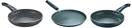 Prestige Omega Deluxe Granite Dosa Tawa, 280 mm, Black & Omega Deluxe Aluminium Granite Fry Pan, 200mm (Omelette Pan), Black & Aluminium Omega Deluxe Granite Fry Pan, 280 mm, Black (36306)