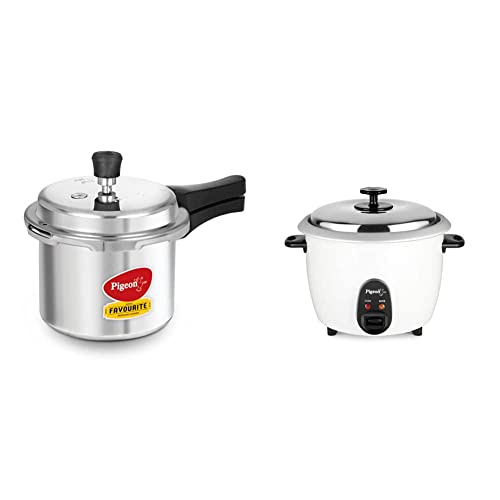Pigeon by Stovekraft Favourite Outer Lid Non Induction Aluminium Pressure Cooker, 3 Litres, Silver and Stovekraft Joy Rice Cooker with Single Pot, 1.8 litres (White)
