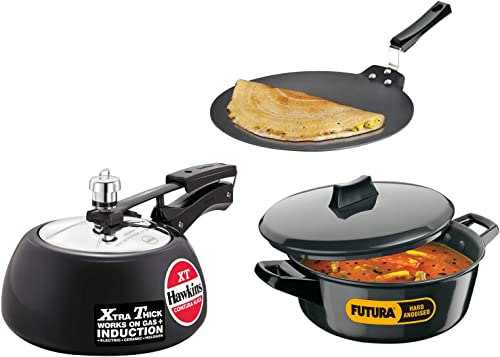 Hawkins Contura Induction Compatible Hard Anodised & Inner Lid Pressure Cooker, 2ltr &Hawkins Futura Nonstick Dosa Tava, 33 cm, 4.88 mm &Hawkins Futura Hard Anodised Induction Compatible, 3ltr