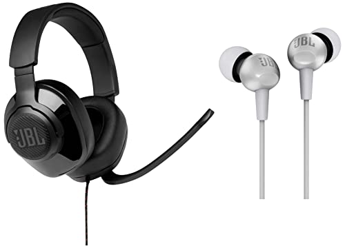 JBL Quantum 100, Wired Over Ear Gaming Headphones with mic & C200SI, Premium in Ear Wired Earphones with Mic, Signature Sound, One Button Multi-Function Remote, Angled Earbuds for Comfort fit (Gray)