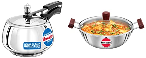 Hawkins Stainless Steel Contura Induction Compatible Pressure Cooker, 3 Litre & Tri-Ply Stainless Steel Induction Compatible Deep Kadhai (Deep-Fry Pan) with Glass Lid, 4 Litre