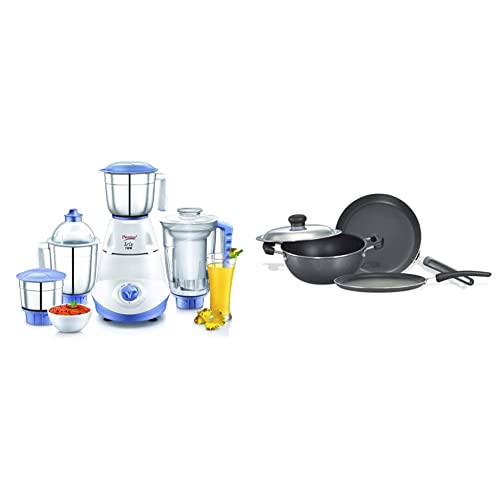 Prestige Iris(750 Watt) Mixer Grinder with 3 Stainless Steel Jar + 1 Juicer Jar, White and Blue + Prestige Omega Select Plus Non-Stick BYK Set, 3-Pieces, Gas-Stove Compatible only