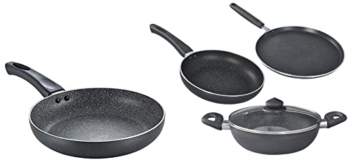 Prestige Omega Deluxe Granite 3 Pcs with 1 Glass Lid & Omega Deluxe Aluminium Granite Fry Pan, 200mm (Omelette Pan), Black Combo