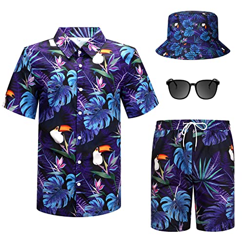 4Pcs Mens Hawaiian Shirts and Shorts Set Outfits for Men Summer Beach Flower Outfits with Bucket Hats and Sunglasses, Palm Leaf, Large