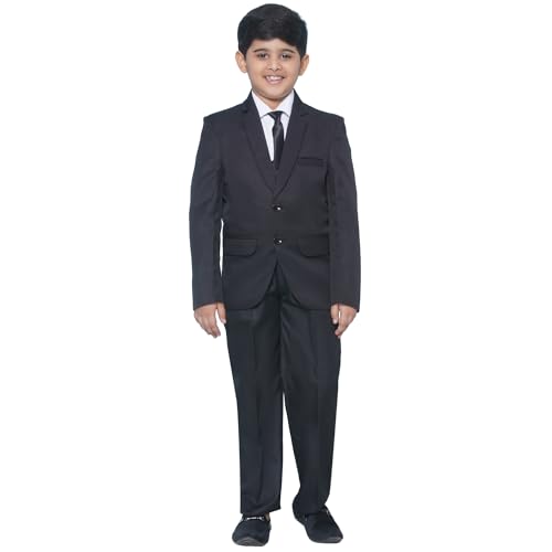 AJ DEZINES Kids 5 Piece Solid Cotton Blend Black Coat Pant Suit Set for Boys (807-BLACK-12)
