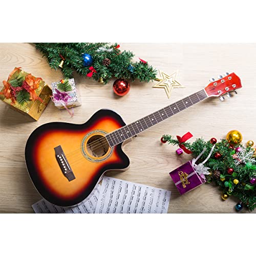 ARTALL 39 Inch Handmade Solid Wood Acoustic Cutaway Guitar Beginner Kit with Gig Bag, Strings, Picks, Strap, Glossy Sunset