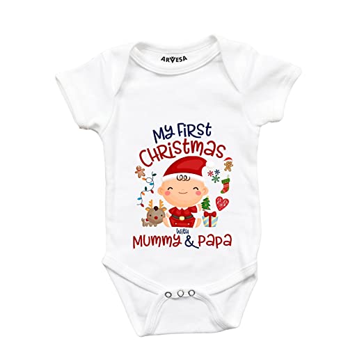 ARVESA My First Christmas with Mummy & Papa Theme Unisex Baby 0-3 Month White Romper Onesie Half Sleeve Envelope R-1273-S-WHITE My First Christmas Dress, Christmas Romper, Baby Christmas Onesie.