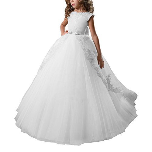 Abaosisters Fancy Flower Girl Dress Satin Lace Pageant Ball Gown (6, White)
