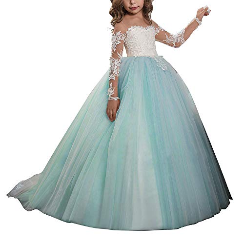 Abaowedding Lace Embroidery Sheer Long Sleeves Kids Trailing Gowns, Aqua, 10
