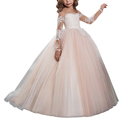 Abaowedding Lace Embroidery Sheer Long Sleeves Kids Trailing Gowns (Picture Color, 4)