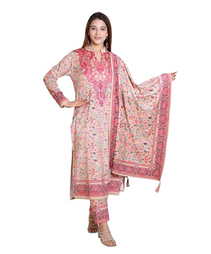 Aishah Designer and Stylish for Women's and Girl's Regular Fit Winter Woolen Printed Full Sleeve Top with Trouser and Stole Skin Color | 355-4