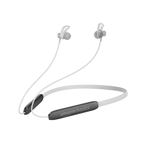 Amazon Basics in-Ear Wireless Neckband with Mic, Up to 22 Hours Play Time, Bluetooth 5.1, Voice Assistance, Noise Cancellation, IPX4 Water-Resistance, Magnetic Earbuds (Grey)