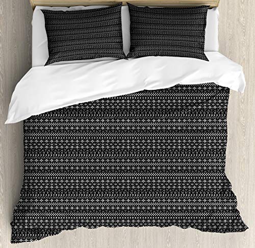 Ambesonne Mudcloth Duvet Cover Set, Chevron with Ornamental Aztec Style Vintage Bohemian Art, Decorative 3 Piece Bedding Set with 2 Pillow Shams, Queen Size, White and Black