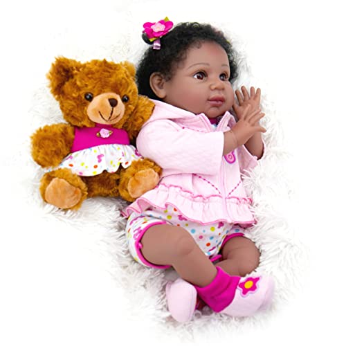 Aori Reborn Baby Dolls 22 Inch Realistic Black Newborn Baby Girl Dolls Lifelike African American Reborn Toddler Dolls with Pink Clothes Great Gift Set for Girls Age 3+