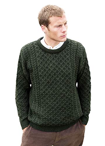 Aran Crafts Unisex Irish Cable Knitted Crew Neck Sweater (100% Merino Wool), Army Green, Medium