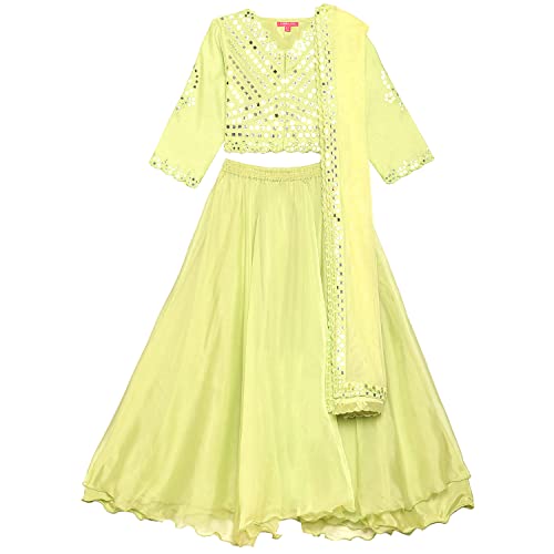 BIBA Girls Girl's Lime Green Art Silk Lehenga Set