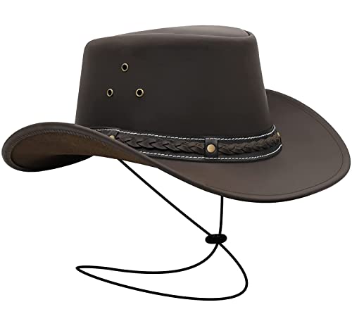 BRANDSLOCK Mens Leather Cowboy Hat Down Under Outback Wide Brim Black/Brown (Medium, Brown)