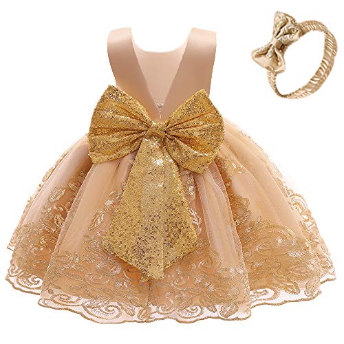 Baby Princess Girls Embroidery Dresses Toddler Lace Ruffles New Year Easter Tutu Dress with Headwear (Golden,80)