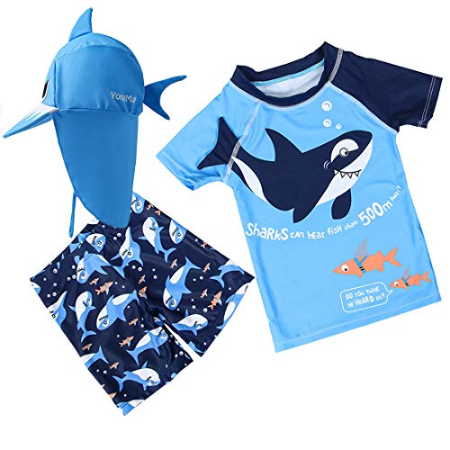 Baby Toddler Boys Two Pieces Swimsuit Set Shark Bathing Suit Rash Guards Swimwear with Hat UPF 50+ (3D Blue Shark, 5Years)
