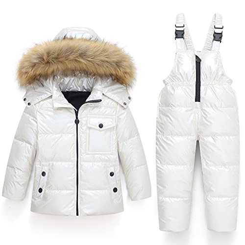 Balipig Kids Winter Puffer Jacket and Snow Pants 2-Piece Snowsuit Down Skisuit Set Hooded Coat Ski Trousers 1-5 Years, White, 2-3 Years