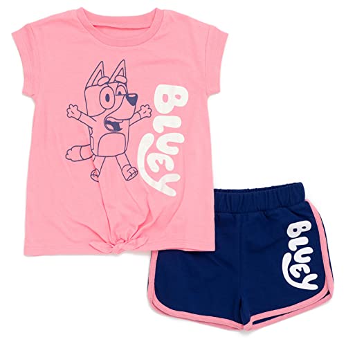 Bluey Girls T-Shirt and Dolphin Active French Terry Shorts Outfit Set Toddler to Little Kid, Pink / Blue, 4T