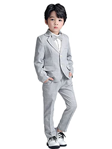 Boys Suit Wedding Ring Bearer Outfit Kids Suit Set, Plaid Blazer Suit Pants Bow Tie, Gray, 12-14