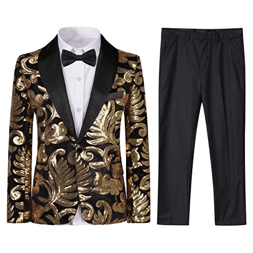 Boys Tuxedo Suit Shiny Fashion Dress 2 Pieces Blazer Pants Sequin Shawl Collar Gold