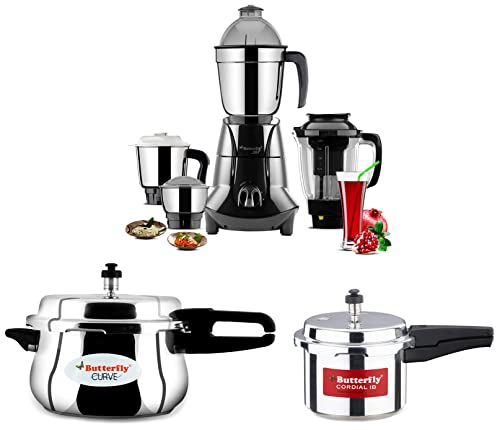 Butterfly Jet Elite Mixer Grinder, 750W, 4 Jars (Grey) & Cordial Induction Base Aluminium Pressure Cooker, 3 litres, Silver & Curve Pressure Cooker, 5.5 Litre