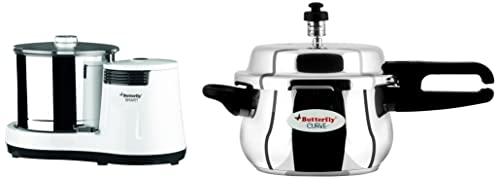 Butterfly Smart Wet Grinder, 2L (White) with Coconut Scrapper Attachment, 150 Watt & Curve Stainless Steel Pressure Cooker, 3 Litre