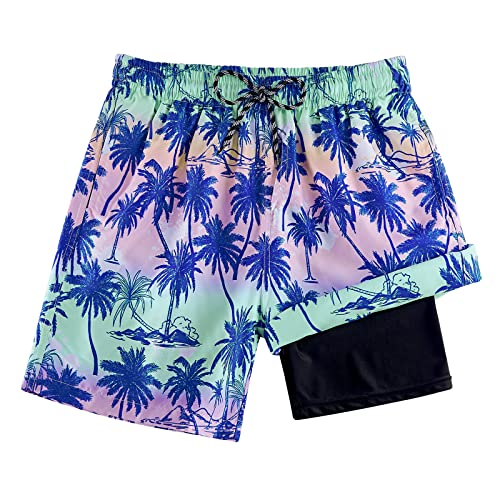 Cozople 7-16T Boys Swim Trunks Boxer Brief Liner Swim Shorts Quick Dry Bathing Suit Compression Swimwear, Palm Tree 02, 7 Years