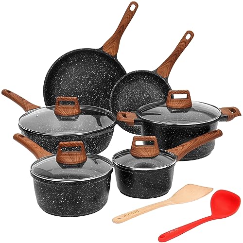 ESLITE LIFE Pots and Pans Set Nonstick Induction Cookware Set Granite Coating with Frying Pan, Saute Pan, Sauce Pan, Stock Pot, Spatula and Ladle, 12 Piece, Black