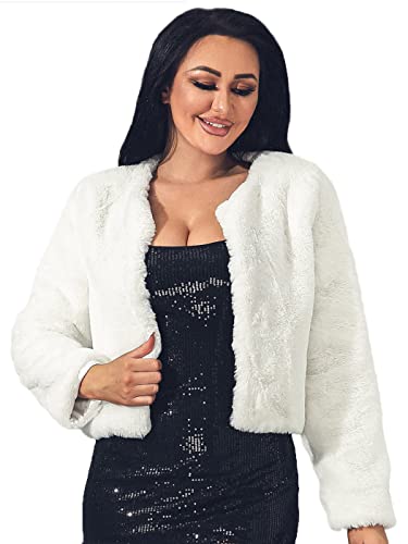 Edary Women‘s Faux Fur Coat Jacket Short Sleeve Open Front Rabbit Fur Coat Winter Warm Shaggy Faux Fur Jacket for Women and Girls (XL, White)