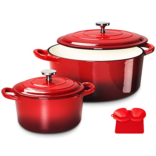 Enameled Cast Iron Dutch Oven Set with Lids, 2pcs Cast Iron Pot, 6QT & 1.5QT Enamel Cookware Pot, Red